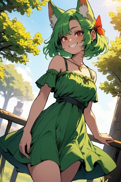 Perfect face. Perfect hands. A light green haired woman with red eyes with green fox ears and a green fox tail in a cute summer dress is smiling while posing in the park