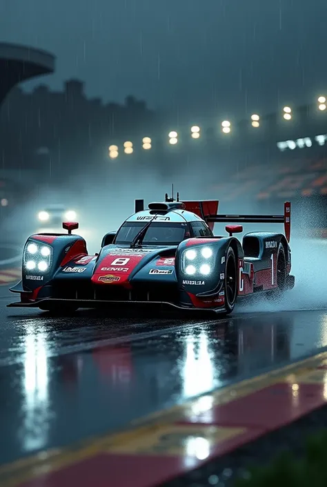 A Nissan GTR LM racing through a Le Mans curve in the rain with the headlights on