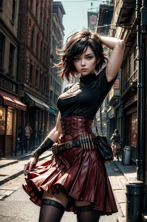 (masterpiece, best quality:1.2), cowboy shot, solo, dynamic pose, 1girl, ruby rose, looking at viewer, t-shirt, skirt, in steamp...