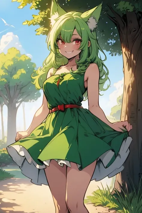 Perfect face. Perfect hands. A light green haired woman with red eyes with green fox ears and a green fox tail in a cute summer dress is smiling while posing in the park