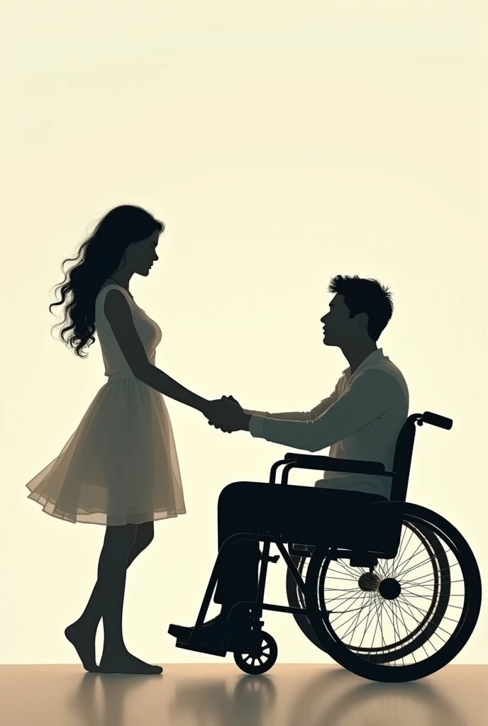 The shadow of a young woman and a young man in a wheelchair holding hands, slightly 2D version 