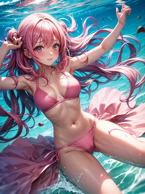 A girl in pink bikini,pink hair,wet,drowning, underwater,out of air,blushing