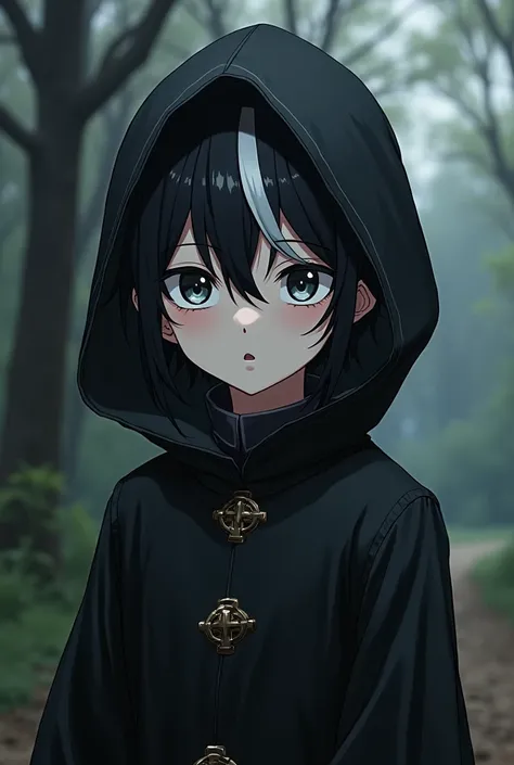 Boy dressed as a plague doctor, without mask, your eyes have different colors, one is gray and the other is black, has black hair and a white streak, and has pale skin ,realistic anime style