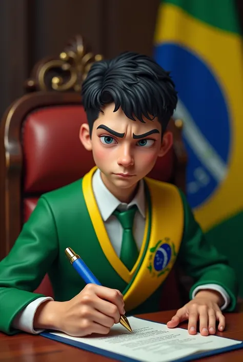 ((best quality)), ((masterpiece)), (detailed), perfect face, man, short black hair, white skin, 16 years old, as president of Brazil, Sitting in the presidential chair, signing laws with a blue pen, This law will recover all state-owned companies that were...