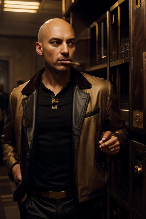 Bald man smoking cigar luxury bank lockers behind him money and gold flowing out side him hyper realistic dark colours moody tone