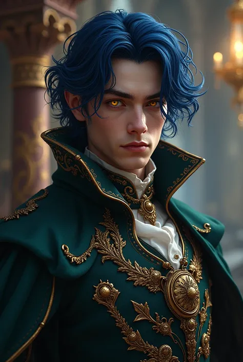 A man with dark blue hair and golden eyes, dressed in a medieval noble outfit. 