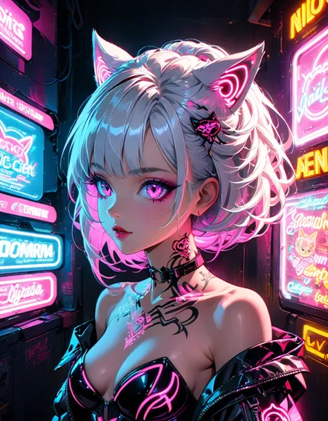 detailed textures, high quality, high resolution, high precision, realism, color correction, correct lighting settings, harmonious composition. Stunning anime girl with an intricate tattoo on her neck., radiating elegance and beauty.,in the style of neon r...