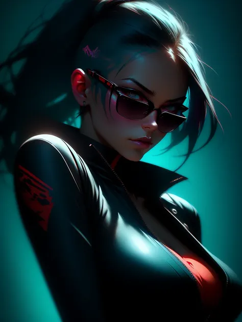 close up, full color painting of  standing cyberpunk girl, sunglasses, high heel shoes, perfect hourglass figure, perfect huge t...