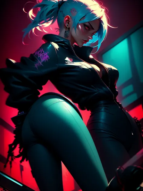 close up, full color painting of  standing cyberpunk girl, sunglasses, high heel shoes, perfect hourglass figure, perfect huge t...