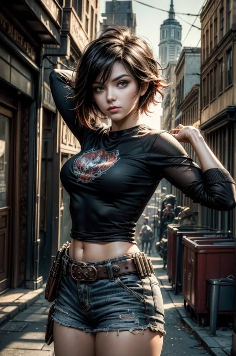 (masterpiece, best quality:1.2), cowboy shot, solo, dynamic pose, 1girl, ruby rose, looking at viewer, t-shirt, shorts, in steampunk city street