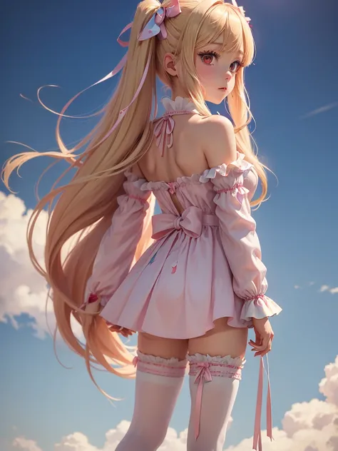 ((best quality)) , ((masterpiece)) , (detailed),A cute blonde anime girl with red eyes and long hair in pigtails. She is wing pink pajamas covered in the style of white snowflakes. There is an animal on her shoulder. She has blue ribbons tied to the back o...