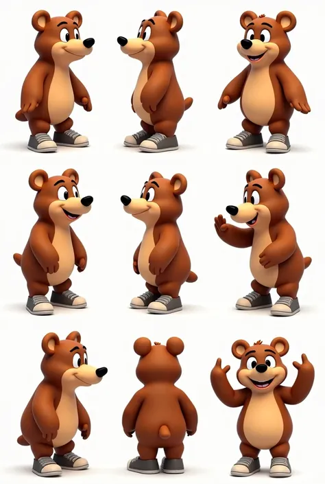 Beautiful anthropomorphic Walt Disney style bear with two legs in 10 different poses, seen from the back, front, side, wearing sneakers shoes, character sheet, T position, standing, front, side, backboob, Multiple postures and facial expressions, eyes big ...