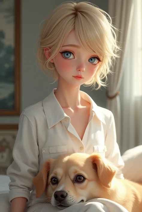 Beautiful girl, blond hair, blue eyes, little short blanc, white shirt, in a luxery villa with a dog