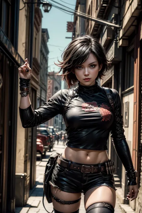 (masterpiece, best quality:1.2), cowboy shot, solo, dynamic pose, 1girl, ruby rose, looking at viewer, t-shirt, black shorts, in steampunk city street