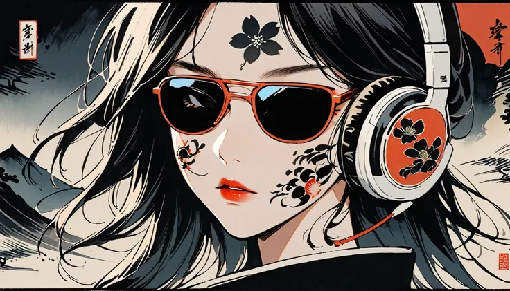 Ink Painting, (((1 girl))), (((Tattoos on the face))), (((sunglasses))), Japanese style headphones, beautiful girl, Black Hair, Delicate and precise, Modern ukiyo-e style, darkness