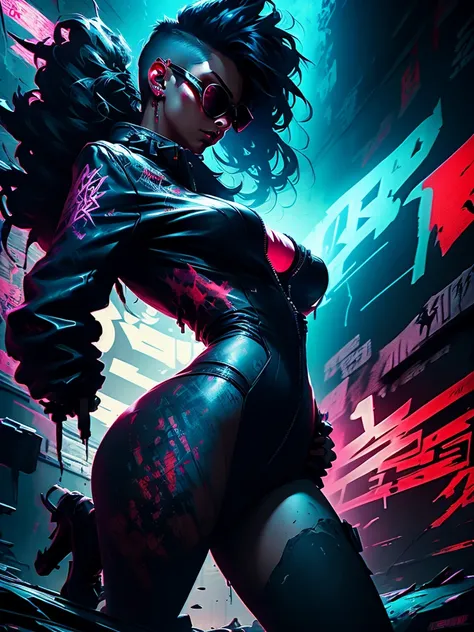 close up, full color painting of  standing cyberpunk girl, sunglasses, high heel shoes, perfect hourglass figure, perfect huge tits, (((Graffiti art) (by Carne Griffiths))), red wall background, insane details, intricate details, hyperdetailed, low contras...