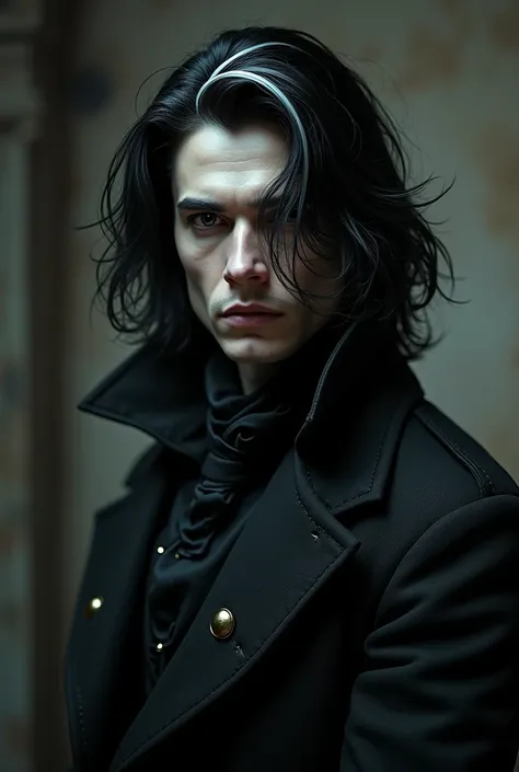 Handsome man dressed as a plague doctor, without mask, has black eyes , has black hair and a white streak, and has pale skin