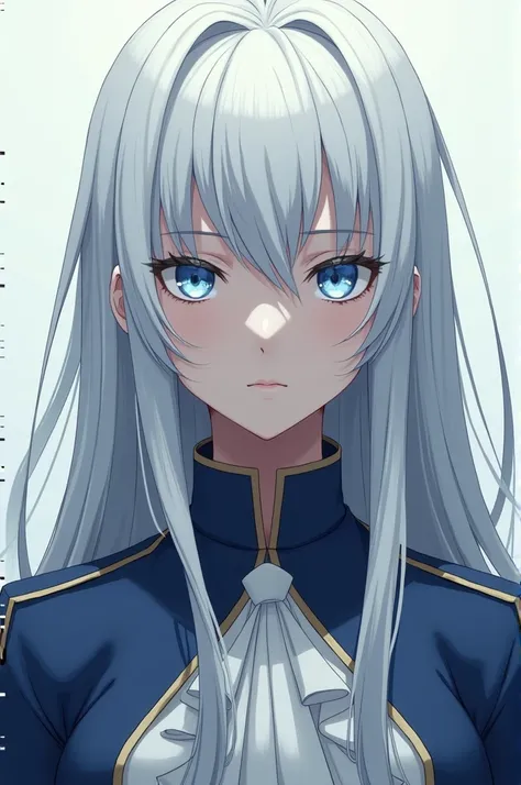 Beautiful woman with long white hair with capul blue eyes expressionless face and wearing the uniform of the anime Boku no hero 