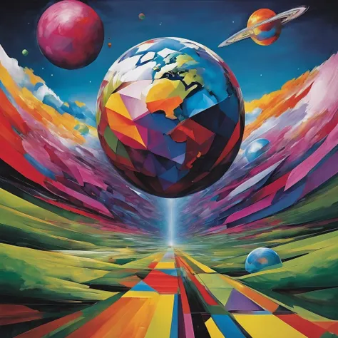 "Visualize an interpretation of the earth on one side of the face. Break down the shape of the Earth into geometric shapes and fragmented planes, To capture its movement and energy in a unique and abstract way. Incorporate bold colors and sharp angles, to ...