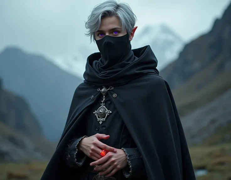 dark lord, a teenager medieval half-elf boy with silver short hair and purple eyes, Dark wizard, A boy wearing a black long cloak, a dark mask that covers the face, mountains , full body, a red crystal ring in his hand, The One Ring