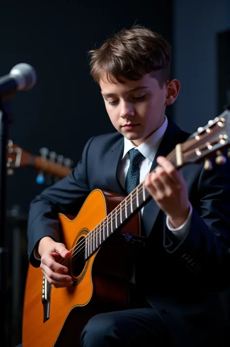 A 15-year-old teenager dressed in a suit and tie playing the guitar 