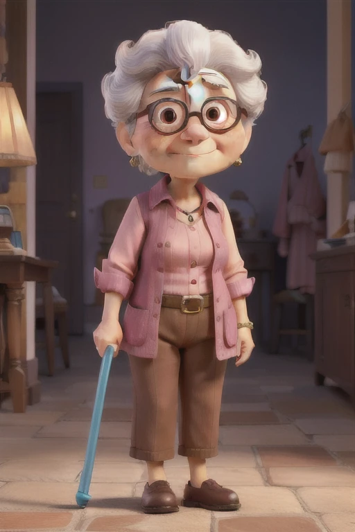 An old woman , short, brunette skin, brown dark eyes , with a pink blouse, blue pants with a cane.