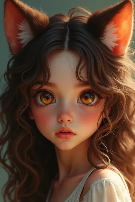 I want a girl who is about 16 years old, very curly brown hair, brown skin, short brown eyes with cat ears dune realistic image