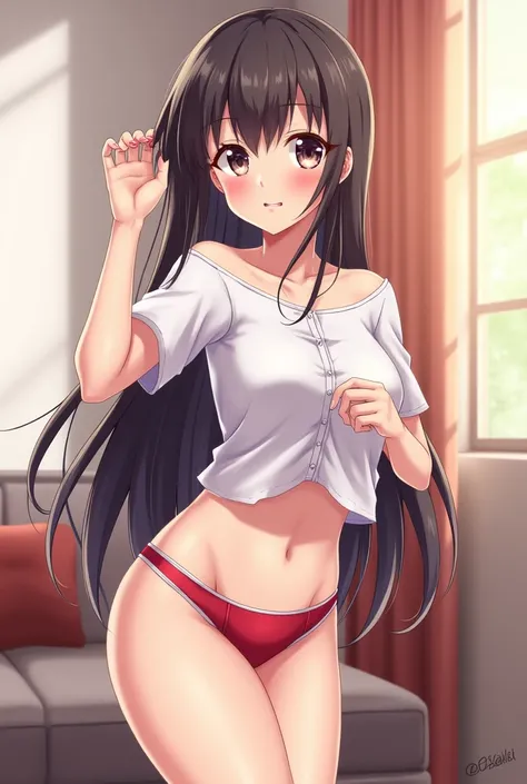 Anime woman in short skirt, with a rosy face and a sensual expression, and the skirt lifted showing the panties