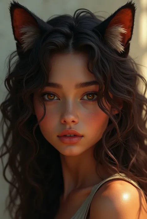 I want a girl who is about 16 years old, very curly brown hair, dark brown skin, short brown eyes with cat ears dune realistic image