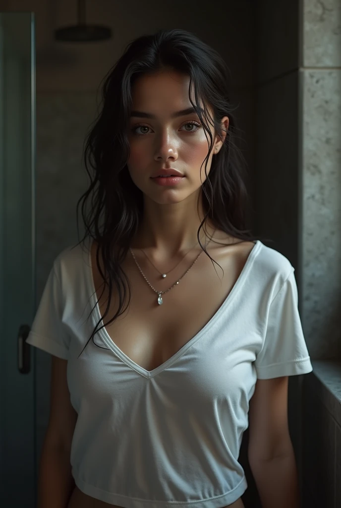 (masterpiece, photorealistic:1.4, extremely intricate:1.3, Radiosity, Photon mapping, dtx, 8k), ((((close-up necklace, White T-shirt, Wet, [medium breasts:big breasts:0.8])), Wet, [skin detail:parts:0.7], natural, 19 year old teen supermodel.), dark room, ...