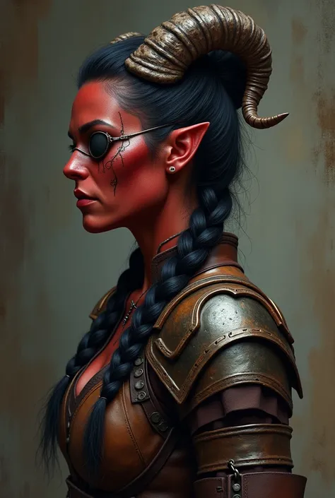 ((Mediovale)), ((perfil)), uma mulher Tiefling, reddish skin, ram horns, broken left horn, Bblack hair, hair tied in a bun, hair shaved on the sides, two braids on each side of the bangs, white eyes without scruff, eye patch on the left side, scar under th...