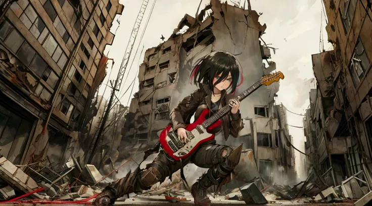 Mikasa Ackerman plays rock on electric guitar. dynamic pose. In the background is a destroyed post-apocalyptic city.