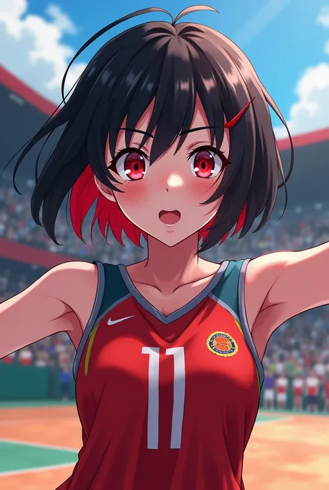 Create a female Haikyuu oc, black hair with short red highlights, freckles and red eyes 