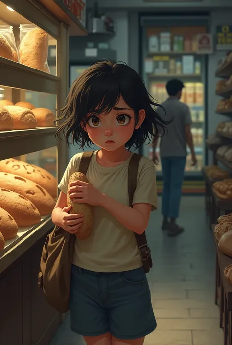 A 12-year-old girl stealing bread from a store
