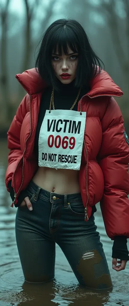 woman, bib "VICTIM 0069 DO NOT RESCUE", moncler ultra-short sporty collar only down jacket, faded flared jeans, stuck in mud bog,pale ethnic patterns ritual makeup, cold, red lips, sexy posing, bob haircut,