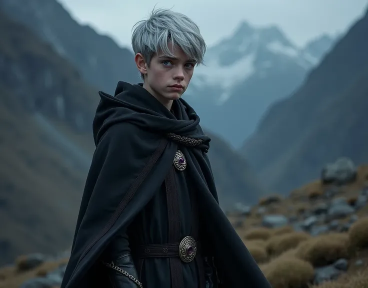 dark lord, a teenager medieval half-elf boy with silver short hair and purple eyes, Dark wizard, A boy wearing a black long cloak, dark mountains, The One Ring