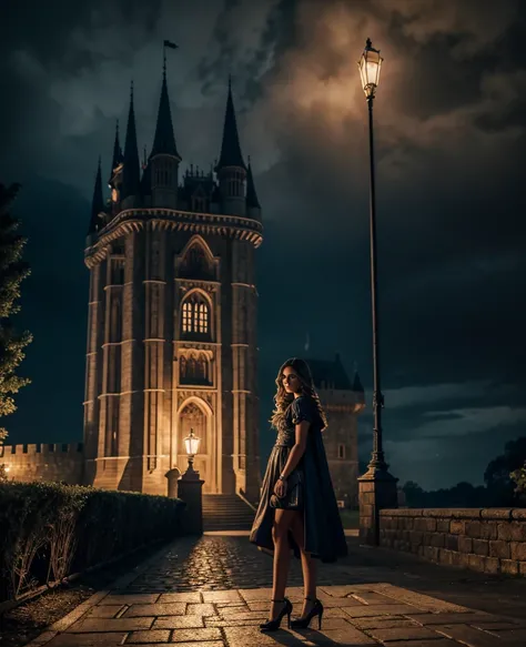 a beautiful girl standing in front of a castle at night, detailed face, puffy short sleeves, cape, bag, detailed background, cinematic lighting, fantasy, intricate details, highly detailed, 8k, photorealistic, masterpiece, dramatic lighting, moody atmosphe...