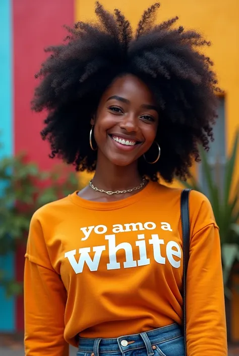 Generate a black girl with clothes that say "yo amo a white"