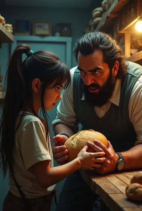 A 12-year-old girl with long hair stealing bread from a store and the owner of the bread wanting to beat her up
