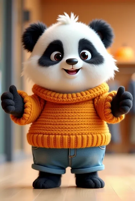 create for me a cute panda bear with an orange sweater and blue shorts mascot style for stores with a presentation pose 3d