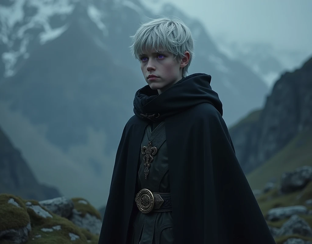 A high-fantasy horror, dark lord, a teenager half-elf boy with silver short hair and purple eyes, Dark wizard, A boy wearing a black long cloak, dark mountains, The One Ring