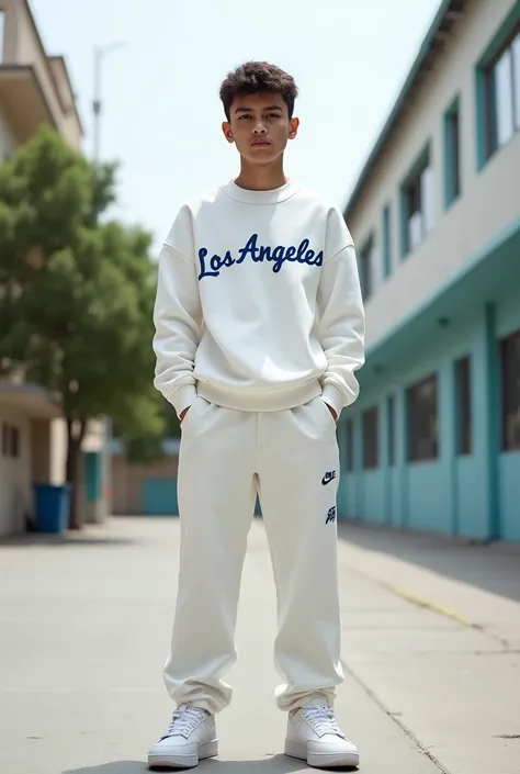 Un garçon qui porte un pull-over blanc  Los Angeles écrit en bleu ,un  pantalon blanc et des airs max blanc 
A l’école 