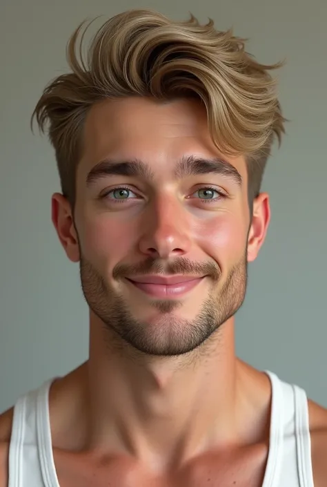 Michel 24 years old short blonde hair, Caucasian skin, with a mustache, chin beard, cute face, white undershirt 