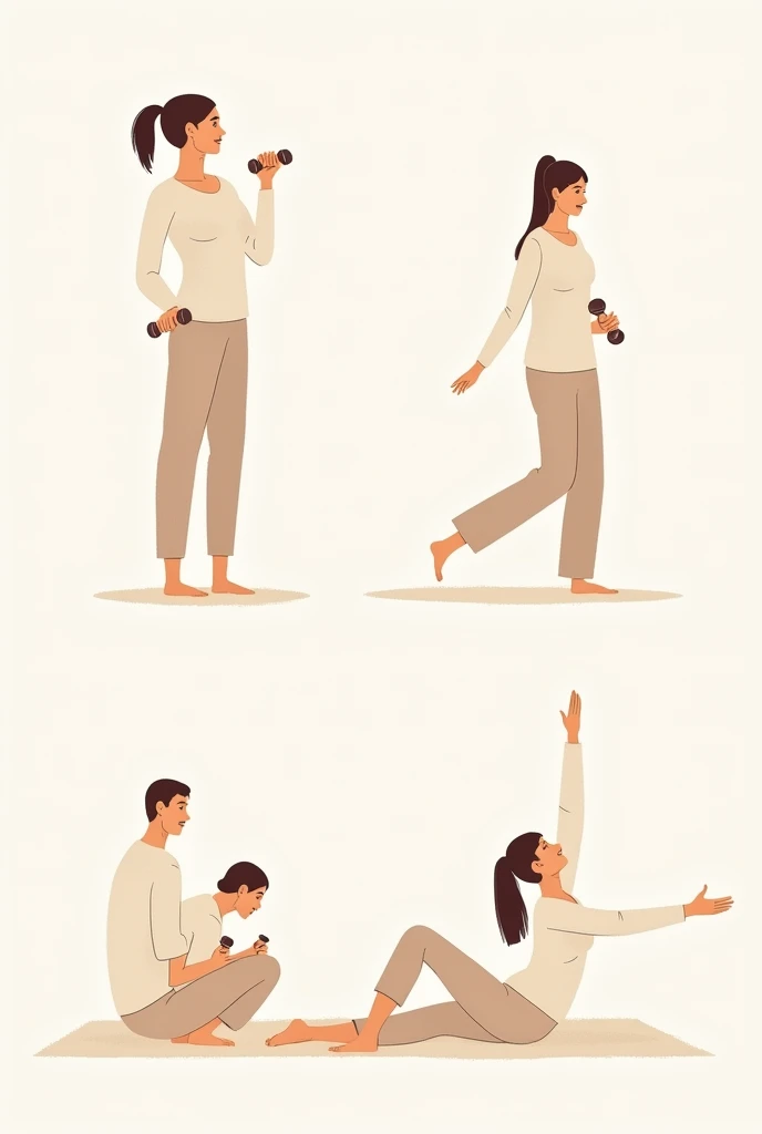 Care activities: Includes illustrations of people doing gentle exercises or stretching.. You can show one person lifting light weights and another doing stretching or yoga..