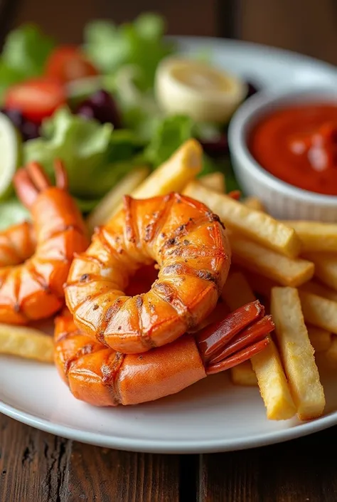 Prawn with French fries and salad platter 