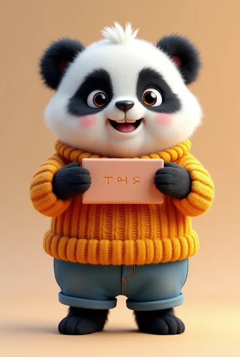 create for me a cute panda bear with an orange sweater and blue shorts mascot style for stores with a pose presenting a product 3d