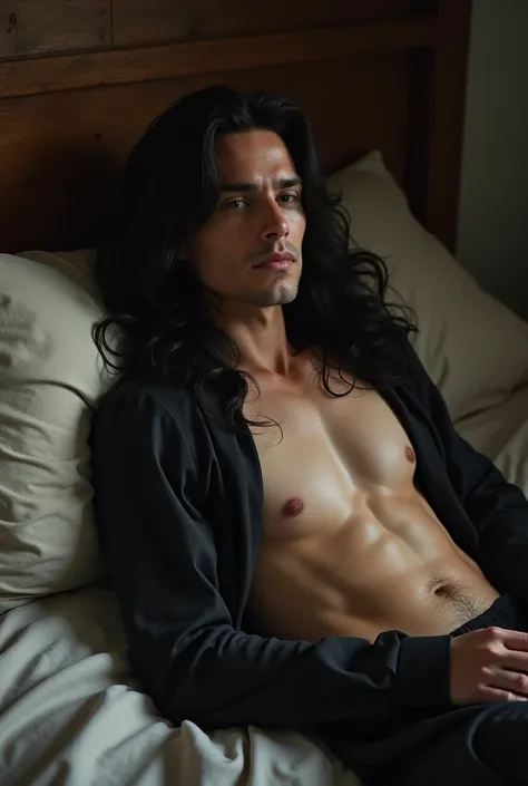 Severo Snape,in bed with his shirt unbuttoned and his member out 