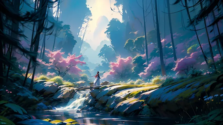 In a fantastic, surreal world unfolds a scene of breathtaking beauty. Luminous trees with iridescent leaves stretch toward the sky, while floating islands with cascading waterfalls hover in the air. Glittering fireflies dance around levitating flowers, blo...