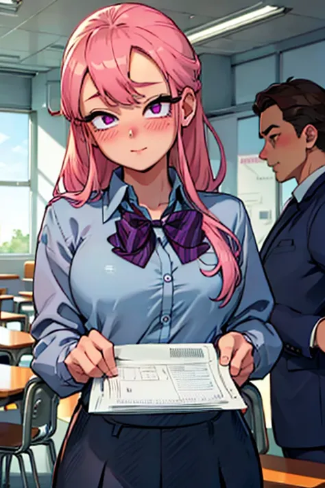 Perfect face. Perfect hands. A pink haired woman with violet eyes and an hourglass figure in a school uniform is blushing in a classroom
