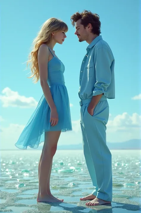 Create an image of Taylor Swift and Harry Styles wearing sky blue dress and standing on broken glass crying 